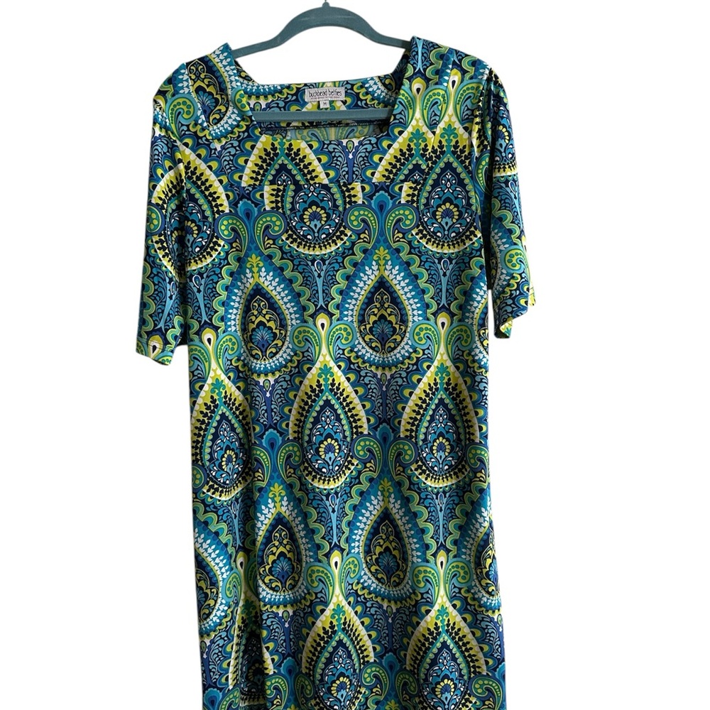 Blue and Green Casual Sheath Midi Dress with 3/4 Sleeves
